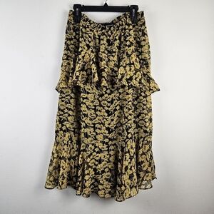Who What Wear Floral Black Yellow Tiered Maxi Skirt Size L Lined elastic waist